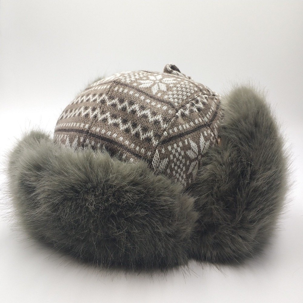 Winter Unisex Warm Faux Fur Trooper Aviator Bomber Ski Earflap Hat Cap Russian Ushanka Jacquard Knitting