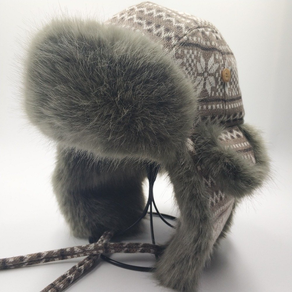 Winter Unisex Warm Faux Fur Trooper Aviator Bomber Ski Earflap Hat Cap Russian Ushanka Jacquard Knitting