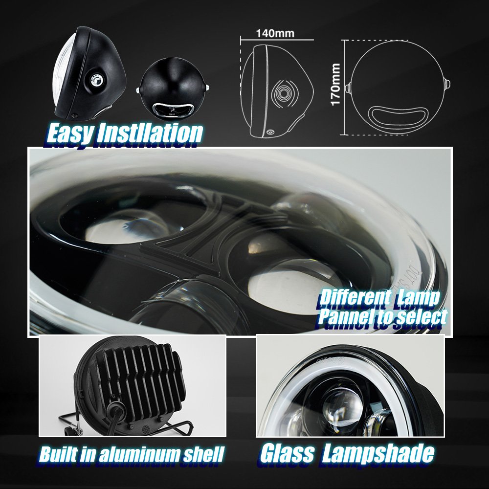 MOTOLED Motorcycle Headlight Assembly 5.75 Inch Round Classic Projector Lens for Gn125 Cg125 Ct100 Led Accessories