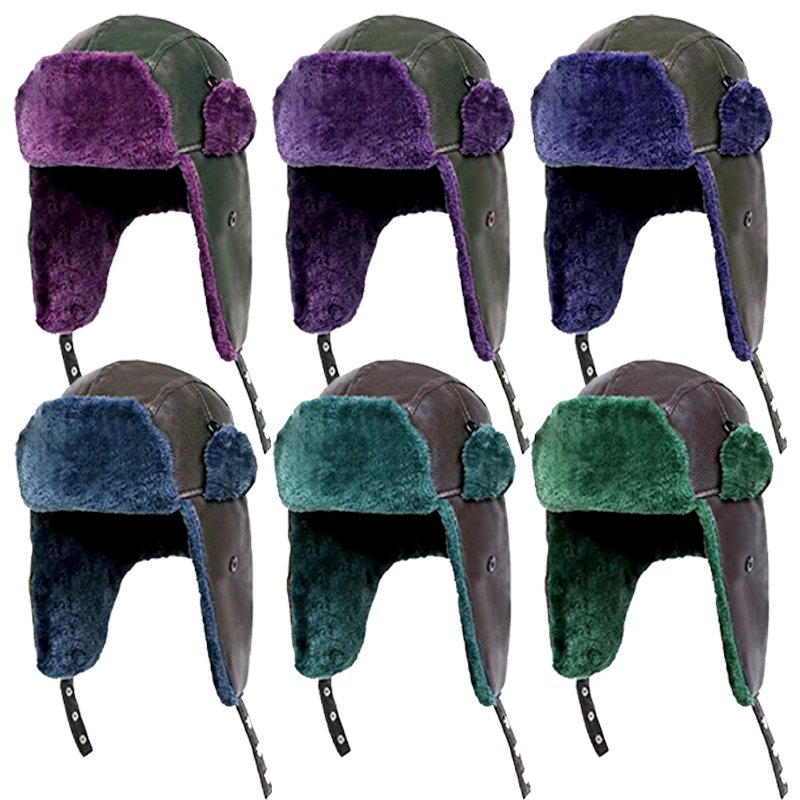 Leather Cover Faux Fur Fluffy Thickened Aviator Riding Winter Ski Plush Russian Ushanka Ear Flap Knitted Trooper Trapper Hat