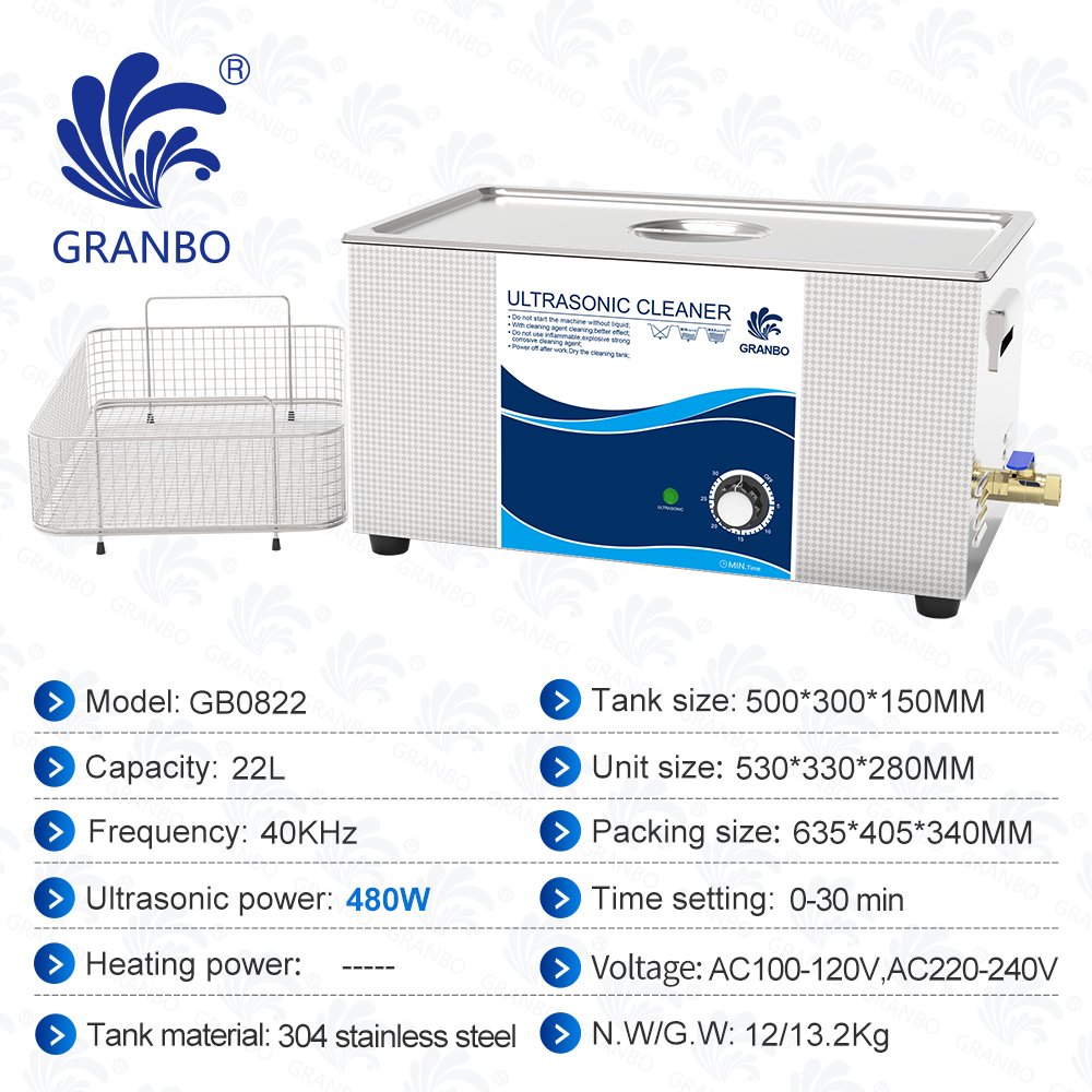 GRANOSONIC 22L 480W Ultrasonic Cleaner for Industrial Parts Machine Nozzles Injector Motorcycle Parts Cleaning