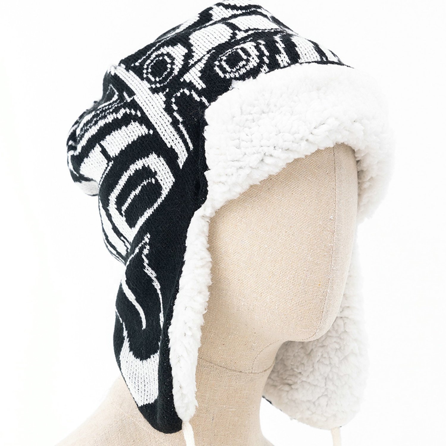 Winter Outdoor Warm Trapper Comfortable Thick Knitted Fuzzy Art Pattern Design Sherpa Thermal aviator Hats