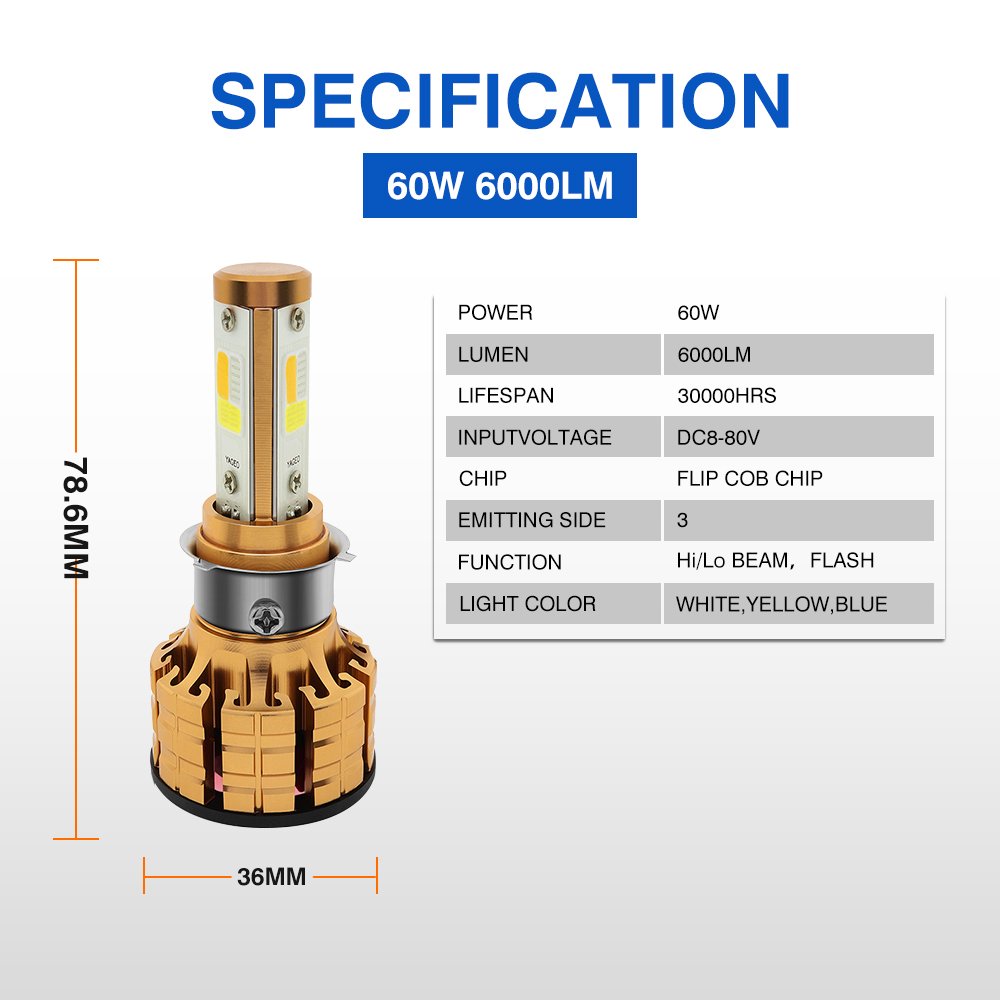 MOTOLED Super Bright 60W 6000Lumen Triple Color COB White Yellow Blue Color M3-BYW Motorcycle Led Headlights with Flash