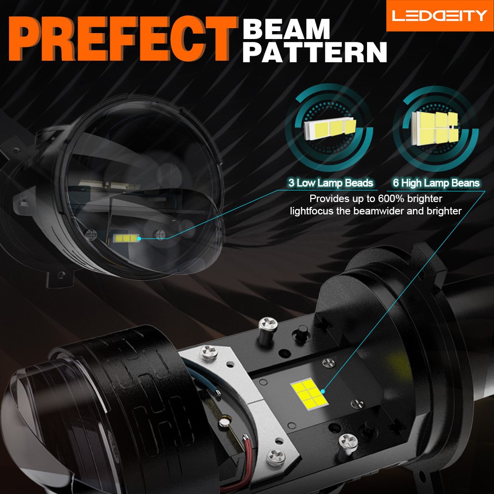 LEDDEITY 55W Mini H4 LED Projector Headlight 6600lm High/Low Beam Plug Play Vehicle Parts 6500K New Compatible H4