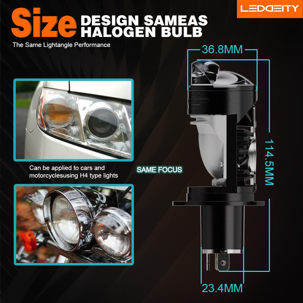 LEDDEITY 55W Mini H4 LED Projector Headlight 6600lm High/Low Beam Plug Play Vehicle Parts 6500K New Compatible H4