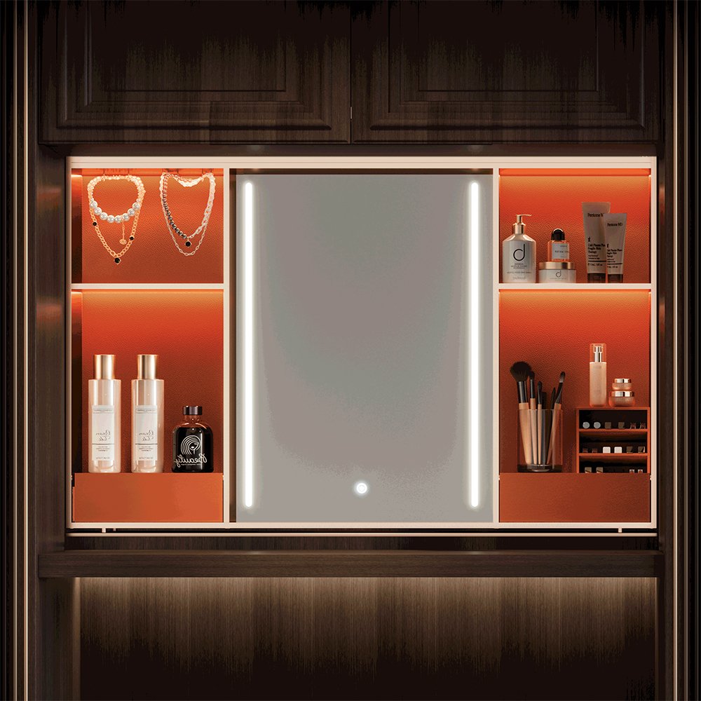 NUOMI Voice-Activated Vanity Unit Bedroom Accessories Jewelry Display Storage Light Smart Lifting Basket Electric Makeup Cabinet