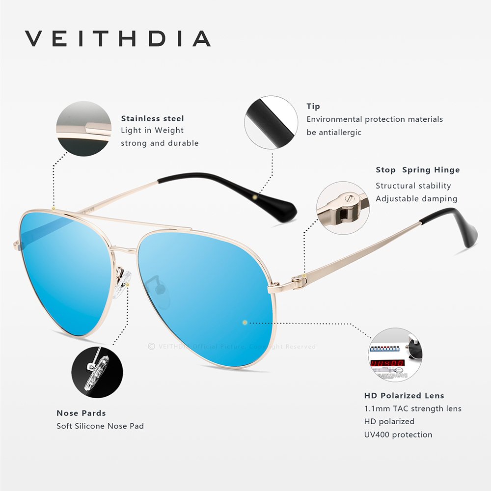 VEITHDIA 8259 Luxury Designer Beach Accessories Custom Aviation Polarized Pilot Shades Sunglasses Men Women New