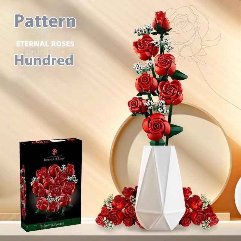 10328 Series Unisex ABS DIY Plastic Toy Rose Flower Blocks Bouquet Building Kit Home Accessories for 14 Years+ Scale 1:8