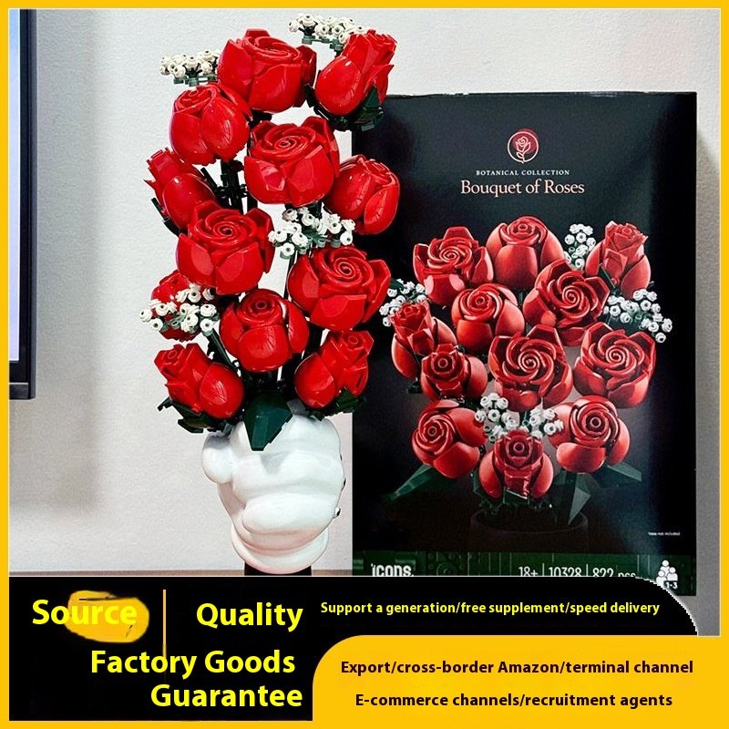 10328 Series Unisex ABS DIY Plastic Toy Rose Flower Blocks Bouquet Building Kit Home Accessories for 14 Years+ Scale 1:8