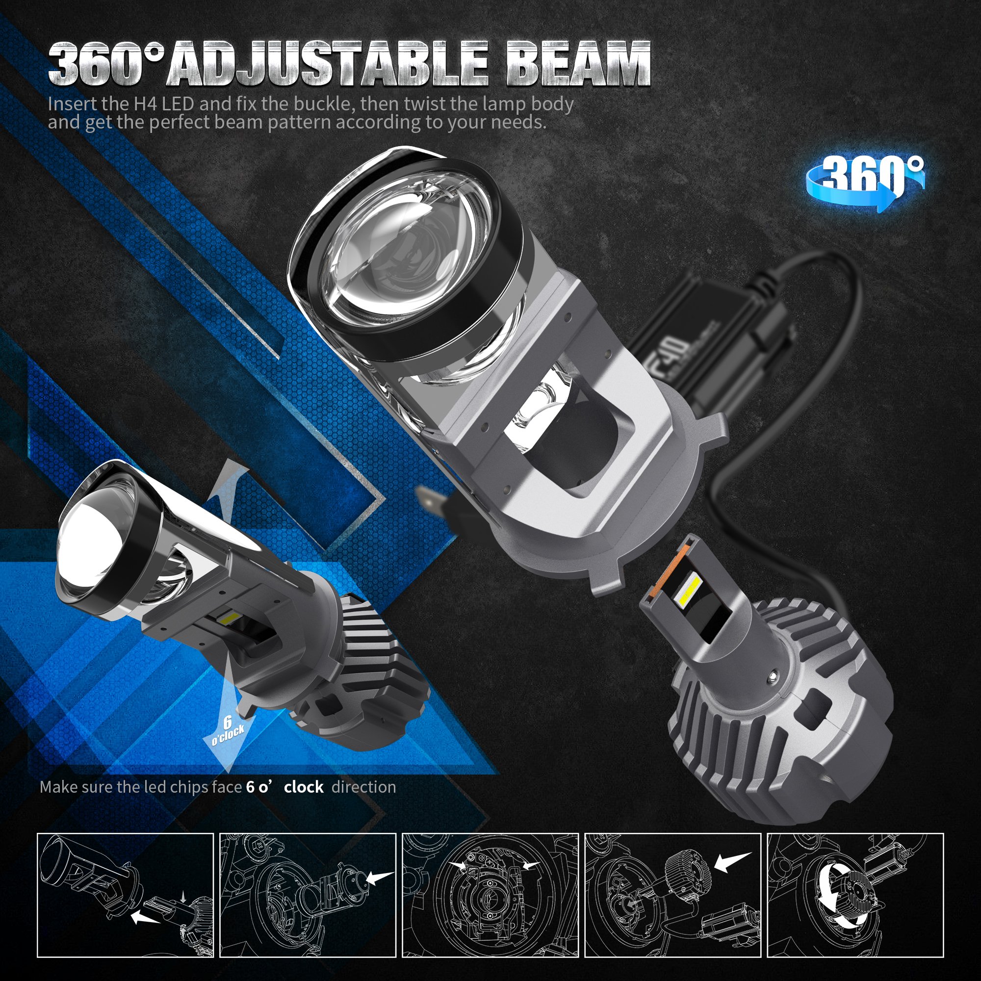 Leddeity 55W 6000K 5500LM H4 6000K White Hi-Lo Beam Function with Clear Cut Off Line F40 Led Light Projector Headlight Kit HID