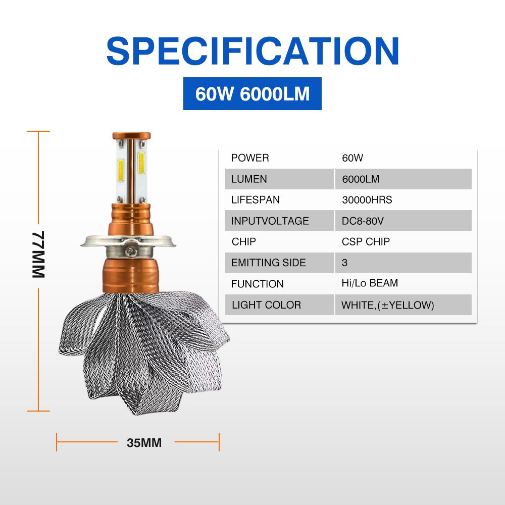 Motoled AC/DC8-80V H4 H6 HS1 Ba20D P15D CSP CSP LED Chip 4 Side Emitting Motorcycle Headlight with Copper Strip