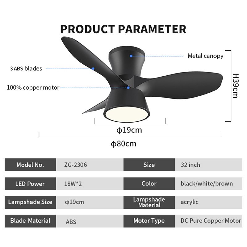 Factory Summer Wind 32 Inch 3pcs Abs Blade Copper Motor Dc Black Aviation Ceiling Fan