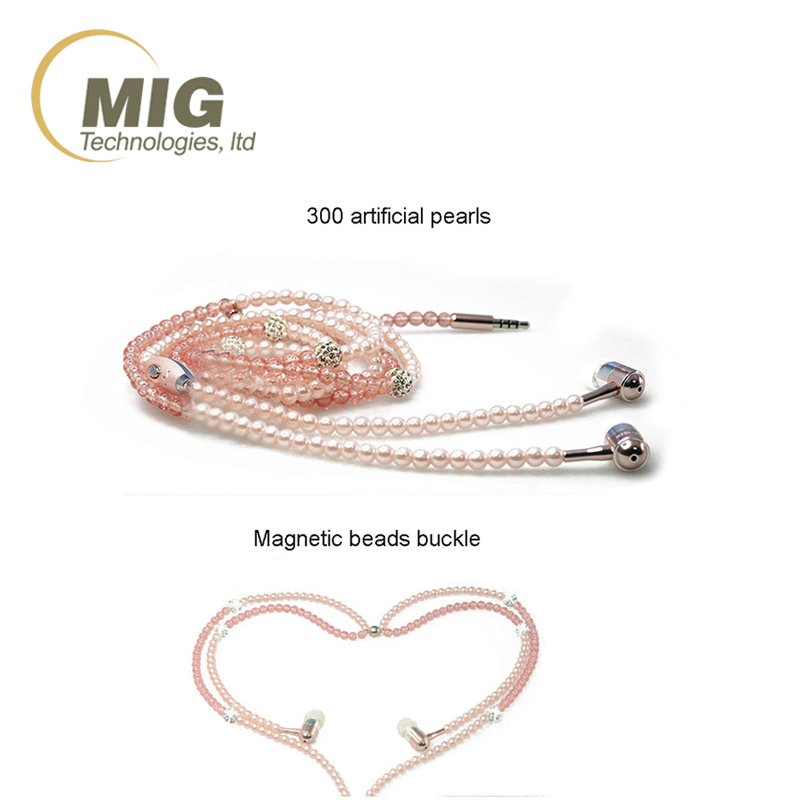 Fashional 3.5mm In-ear Mp3 Headphone Diamond Pearl Beads Couple Necklace Wired Earphones Mic Gift Girls Earbuds Headset