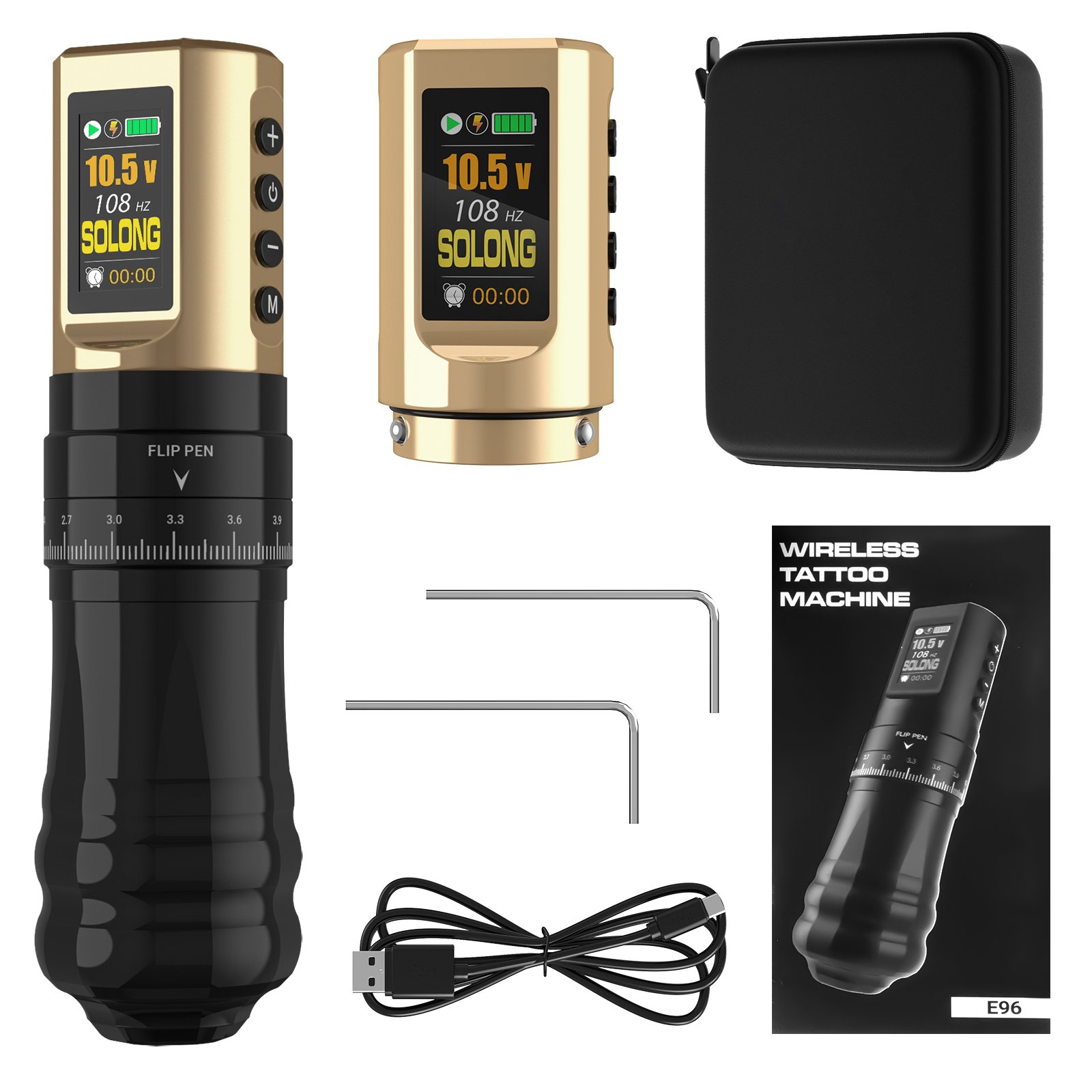 Solong Golden-Black New Design High Cost Performance Wireless Tattoo Machine Pen With Dual Golden Batteries