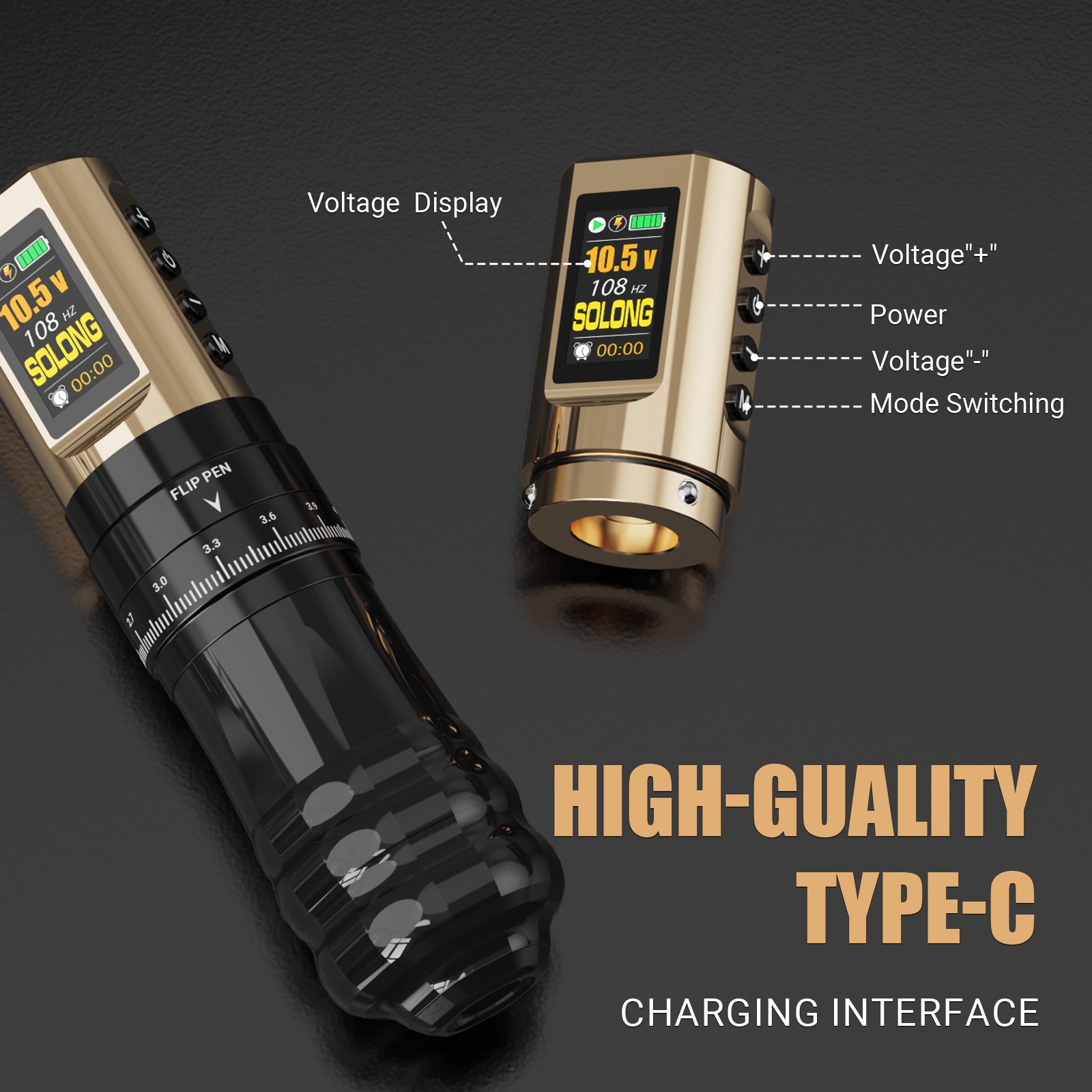 Solong Golden-Black New Design High Cost Performance Wireless Tattoo Machine Pen With Dual Golden Batteries
