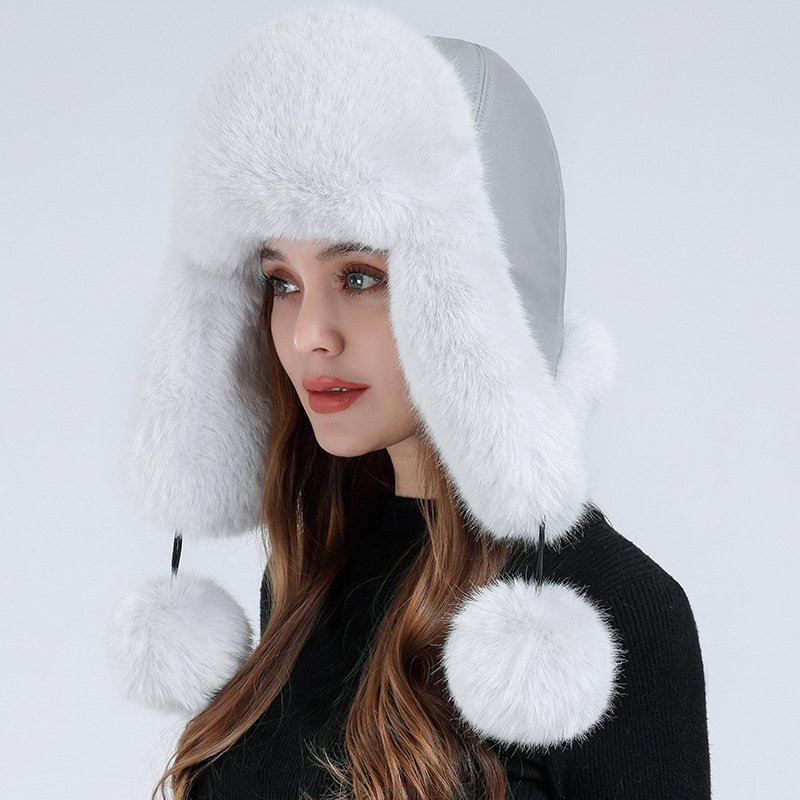 Wholesale Faux Fur Trapper Hat for Women Faux Leather Aviator Hat Warm Russian Trooper Hat Winter Skiing Cap Windproof