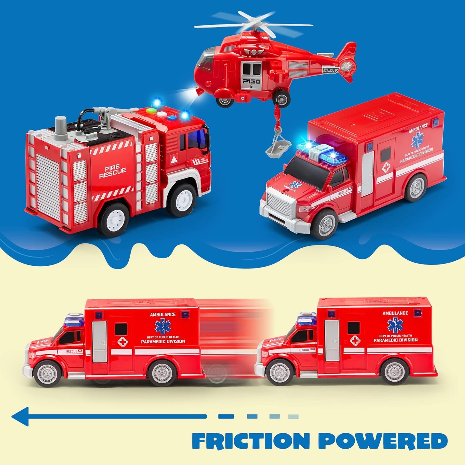Toddler Truck Toys Fire Engine Emergency Vehicle Kids Firetruck Friction Powered Car Birthday Gifts for Boys Girls Age 3-9