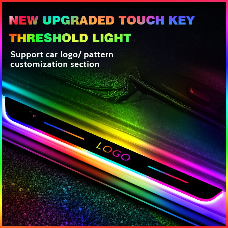New Upgraded Touch Key Threshold Light Custom Logo Car Threshold Scuff Plate Pedal Protection Strip Bloom Ambient Lighting