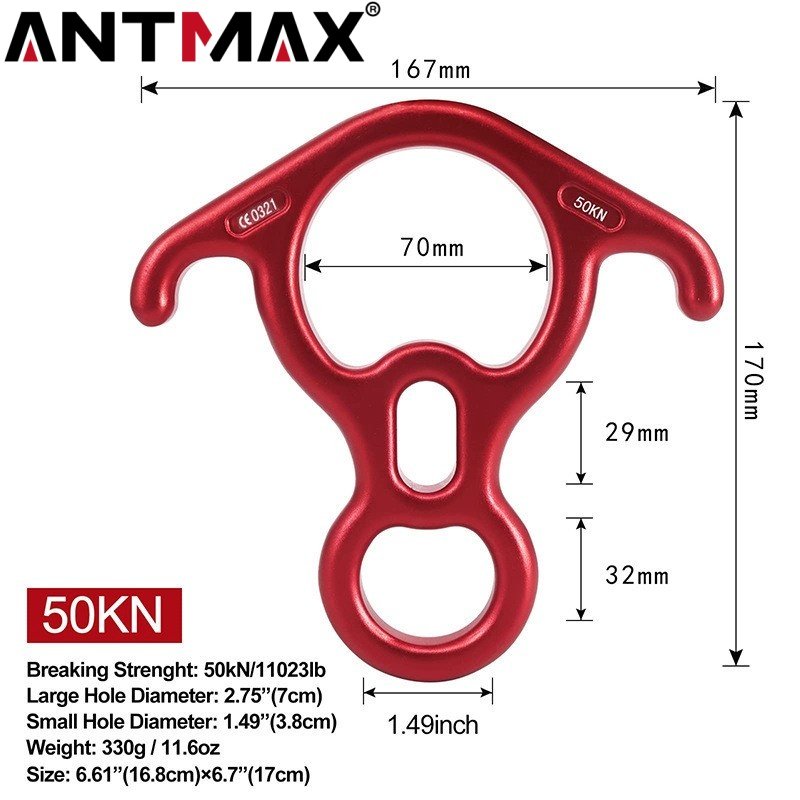 ANTMAX Climbing Belay Device 50KN Rescue Figure 8 Descender Rappelling Gear 8 Line System with Bent Ears Belay Slots