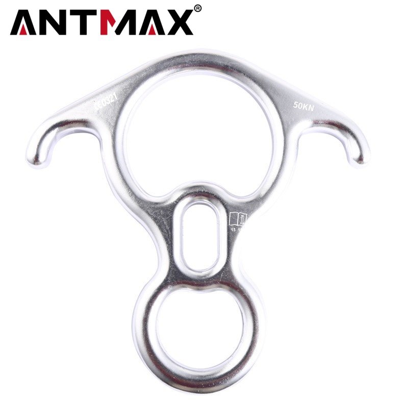 ANTMAX Climbing Belay Device 50KN Rescue Figure 8 Descender Rappelling Gear 8 Line System with Bent Ears Belay Slots