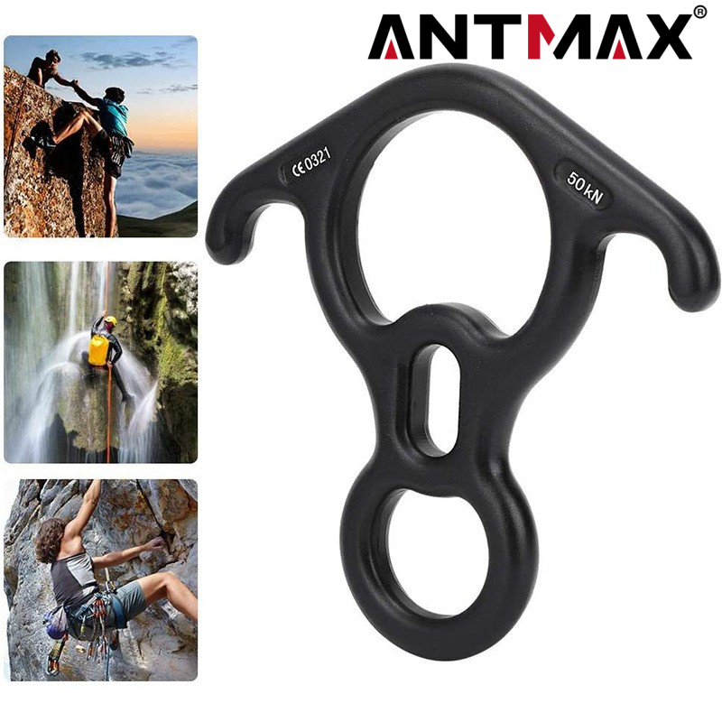 ANTMAX Climbing Belay Device 50KN Rescue Figure 8 Descender Rappelling Gear 8 Line System with Bent Ears Belay Slots