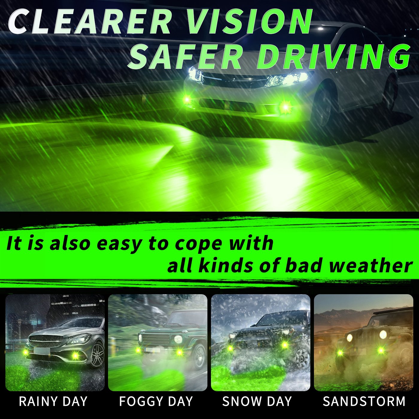 Powersport Accessory Plug and Play Town H11 12V Lemon Green Fog Bulks Hb3 Hb4 3000K Led Heardlights