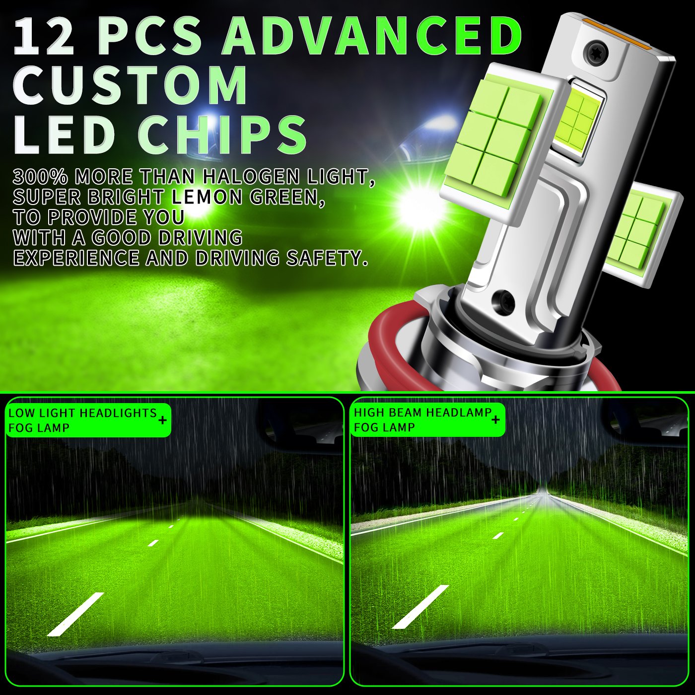 Powersport Accessory Plug and Play Town H11 12V Lemon Green Fog Bulks Hb3 Hb4 3000K Led Heardlights