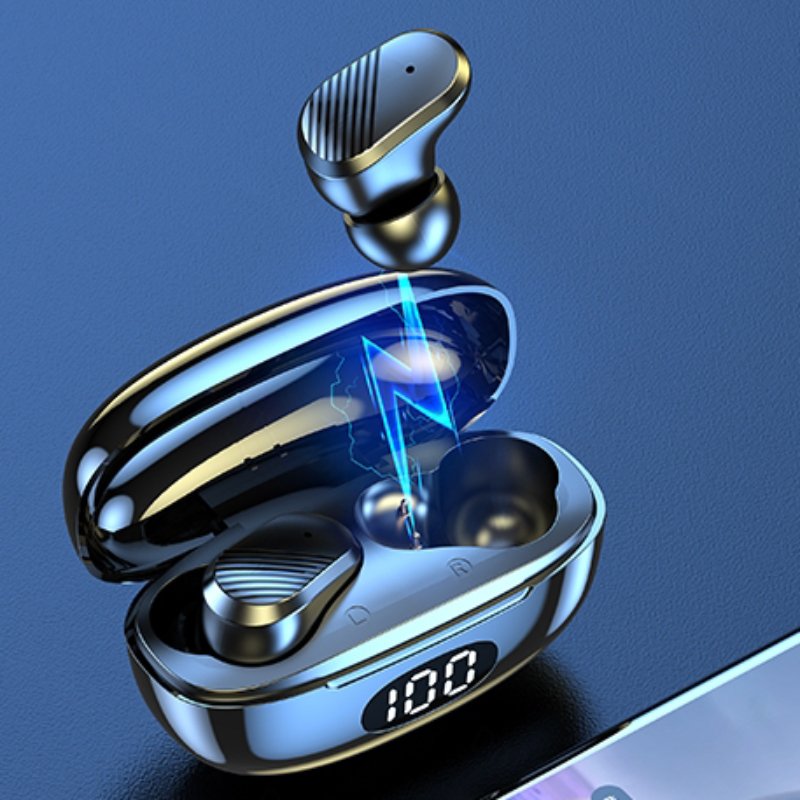 Wireless Bluetooth Earphone with Digital Display Battery Indicator In-Ear Gym Headset Accessory in Blue Hidden Earbuds