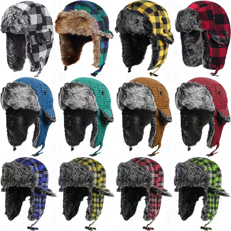 Waterproof Knitted Lumberjack Plaid Aviator Trapper Hat Hunting Hat Trooper Ear Flaps Bomber Winter Hat for Outdoor Sports