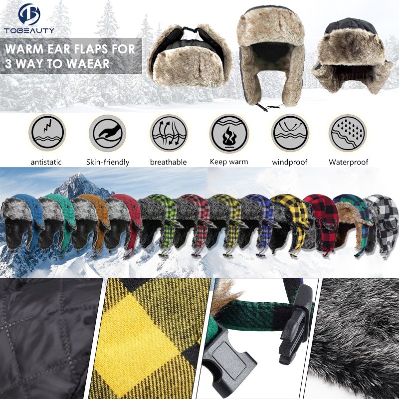 Waterproof Knitted Lumberjack Plaid Aviator Trapper Hat Hunting Hat Trooper Ear Flaps Bomber Winter Hat for Outdoor Sports