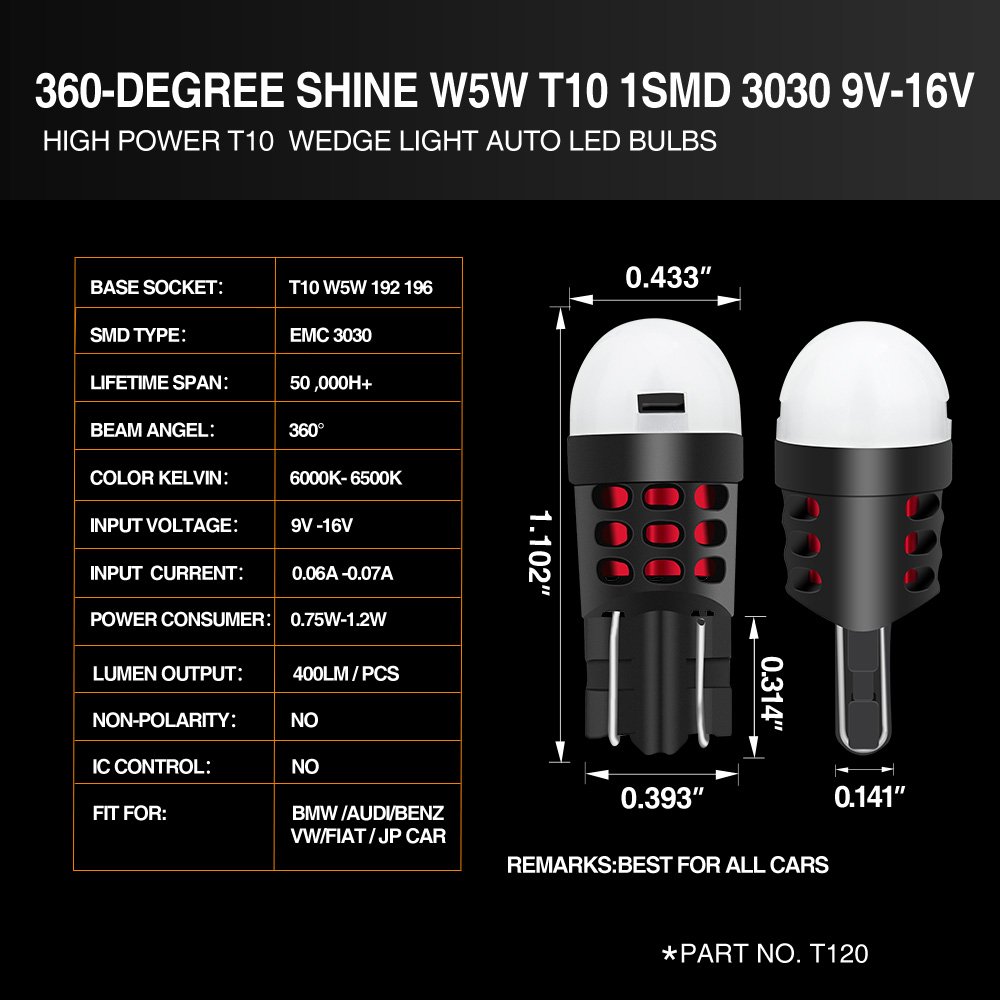 Hot Sale T10 Led Car White Red Ice Bule Amber Green W5W Auto Led Accessories 360 Degree Shine W5w T10 3030 9V-16V Led Bulbs