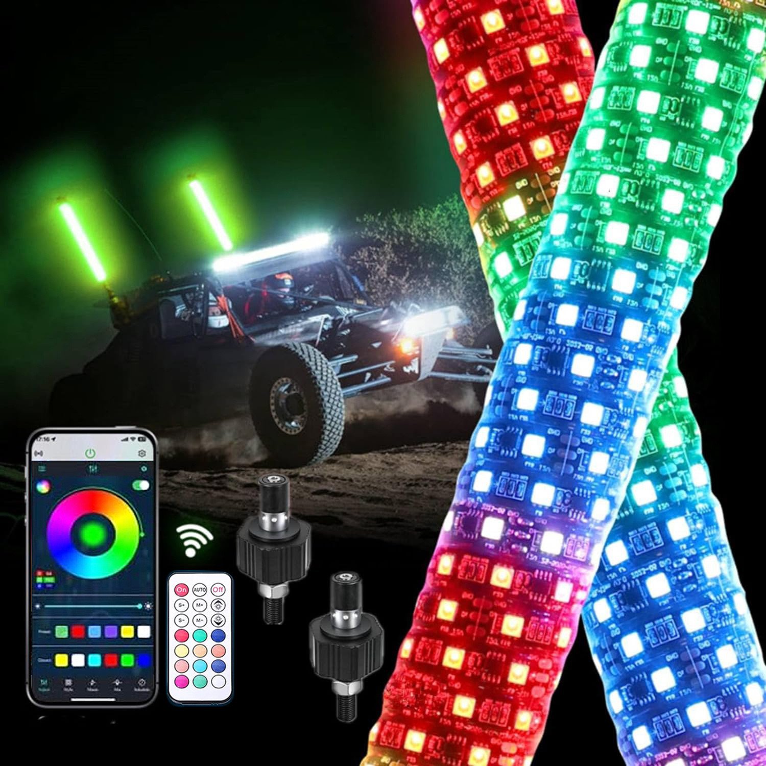 2FT 3FT Hyper Fat Whip Light Mining Buggi Spiral RGB Chasing Dancing APP And Remote Control for Atv Utv Truck