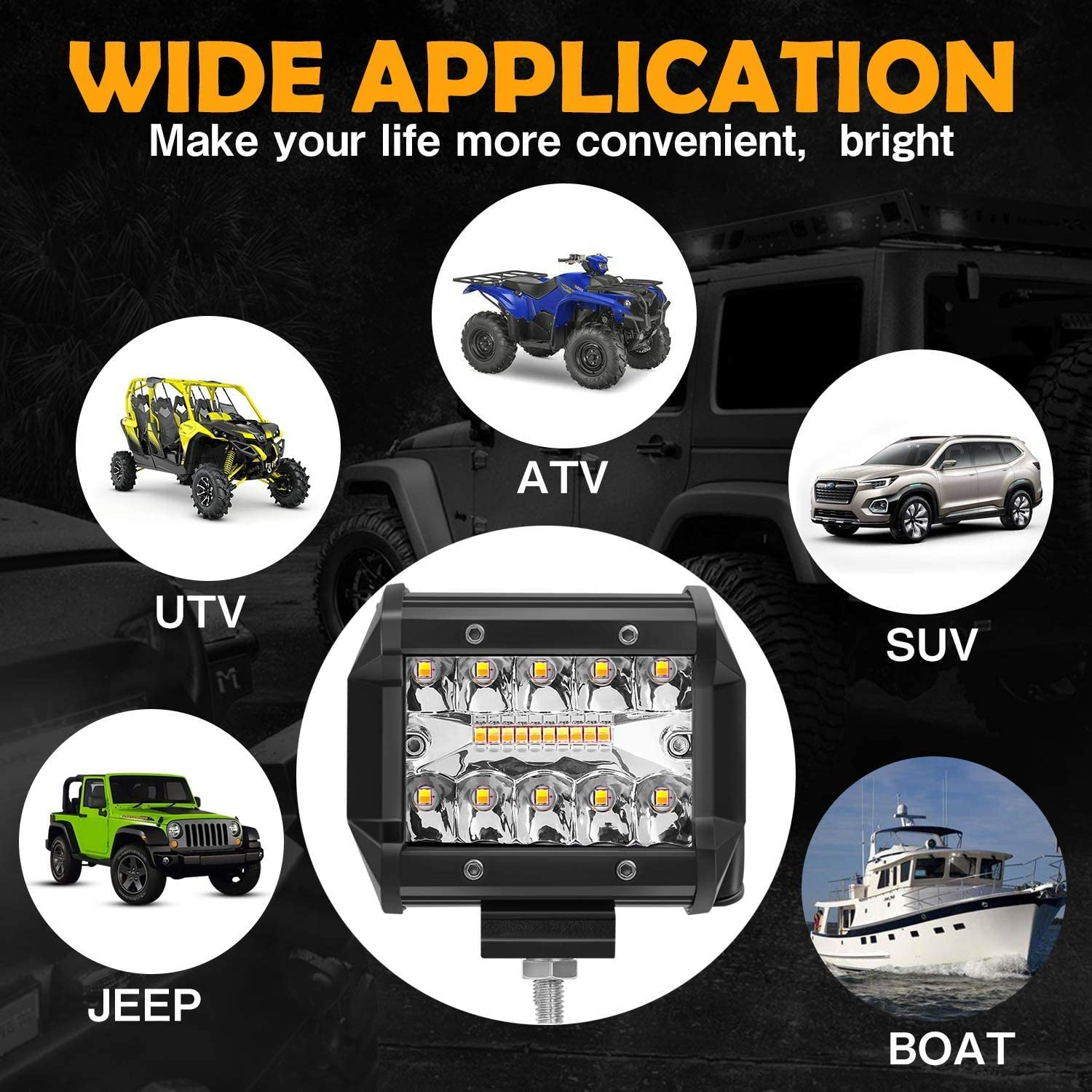 Amber White Flash 4 Inch 60W LED Light Bar Spot Flood Combo LED Work Driving Fog Light for OffRoad Pickup Truck ATV UTV SUV Boat