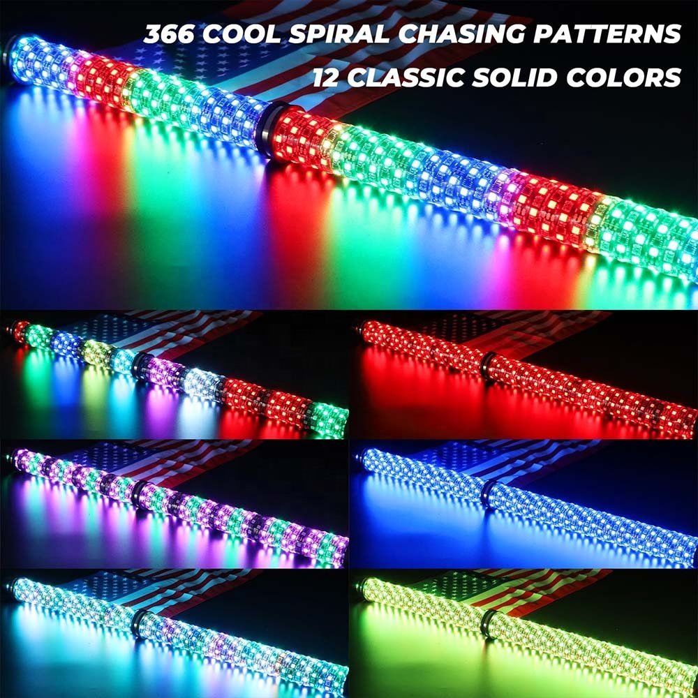 Super Bright Fat Whip Light RGB Chasing Dancing Spiral Thick Antenna LED Whip Light for RZR Can Am Polaris UTV ATV Pickup Truck