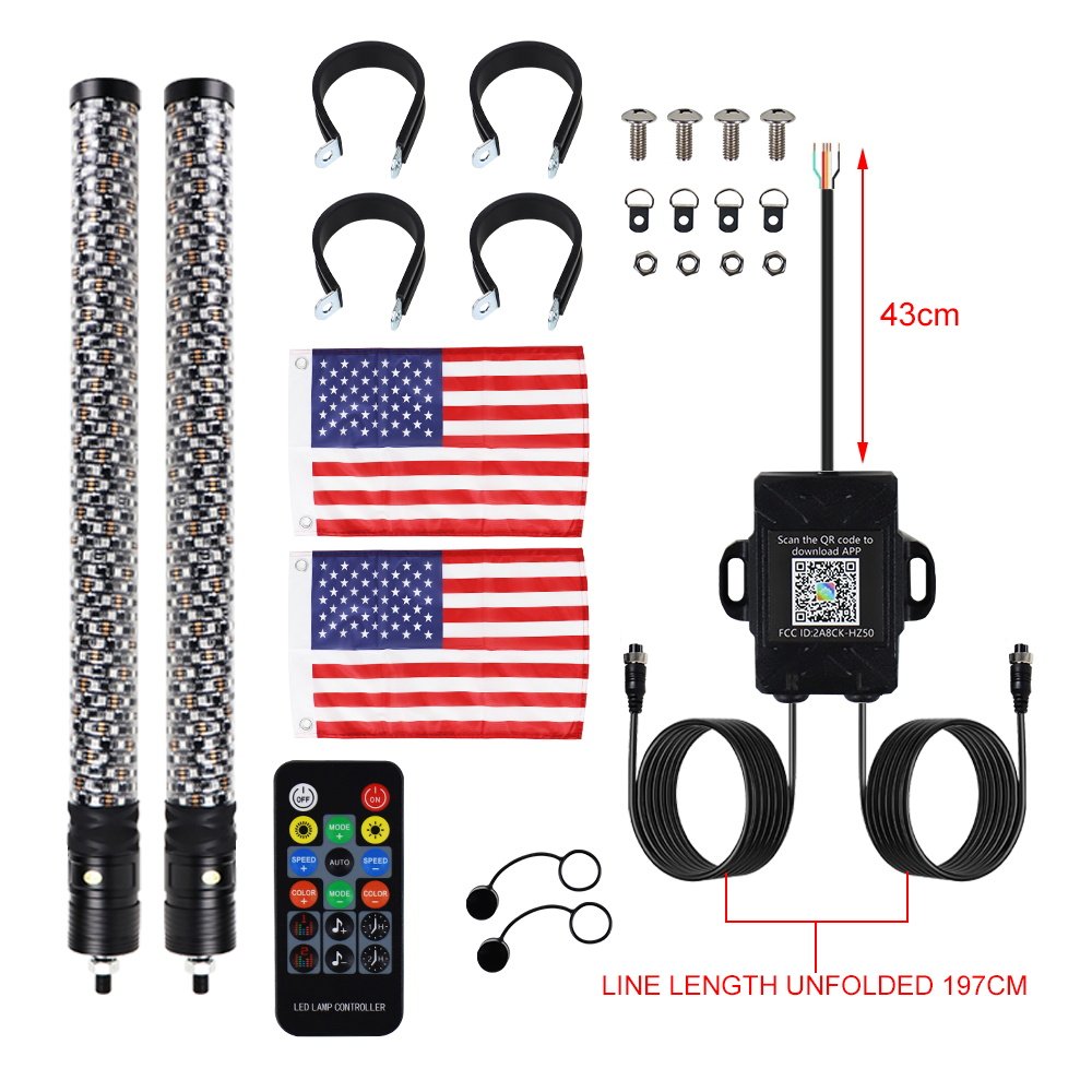 2PCS 2FT Spiral LED Fat Whip Light RGB Chasing Antenna Lighted Whips For UTV ATV Can-am X3 RZR