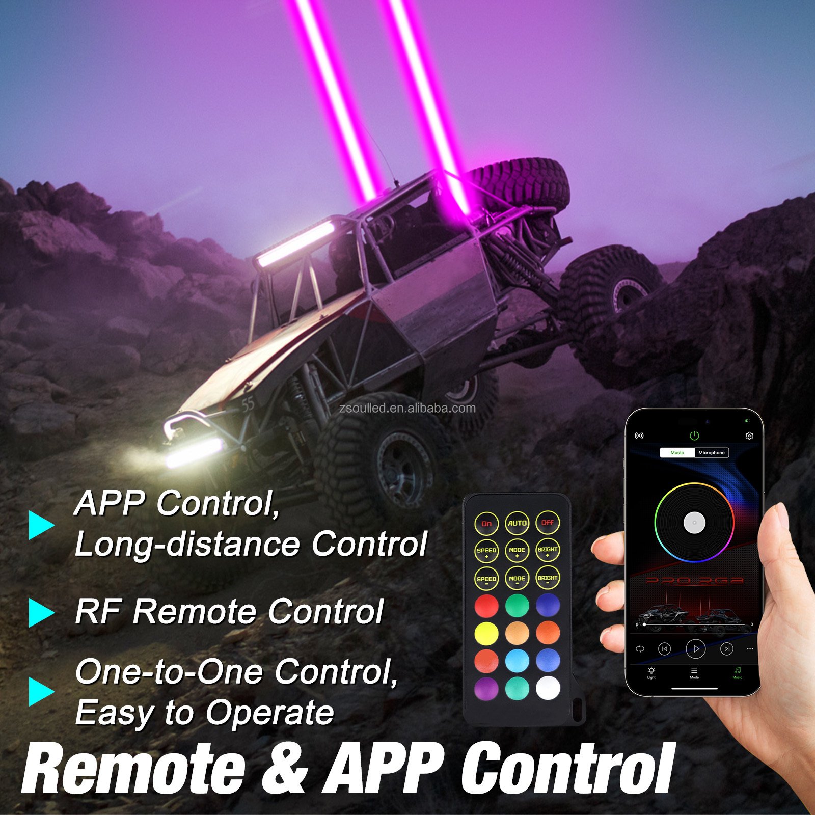 Super Bright RGBW LED Laser Whip Light with Rocker Switch Remote and APP control Led Whip Light 12-24V for ATV UTV Off Road
