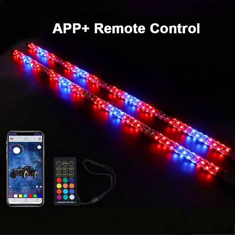 Customizable Whip Light 2ft 3ft 4ft APP Remote 366 Mode RGB Chasing Antenna LED Whip Light for UTV ATV RZR SXS Dune Buggy