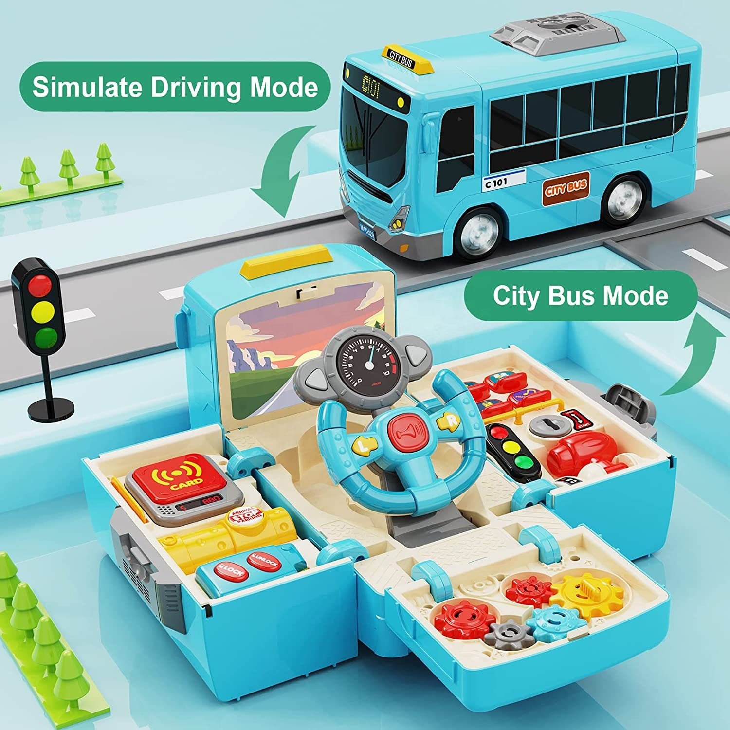 School Bus Toy with Sound and Light Simulation Steering Wheel Gear Toy Musical for Toddler,Educational Bus Driving Toy