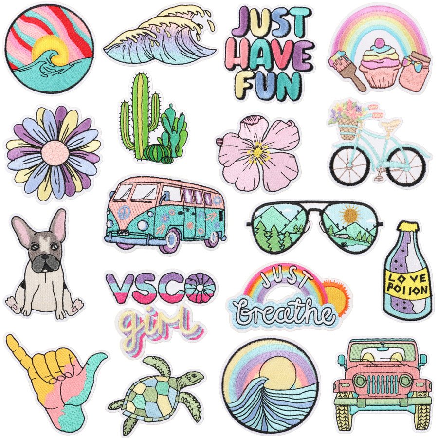 Trendy Hat Patches Iron Embroidery Flower Travel Style Iron on Embroidery Heat Transfer Clothing Patches Embroidery for Bag DIY