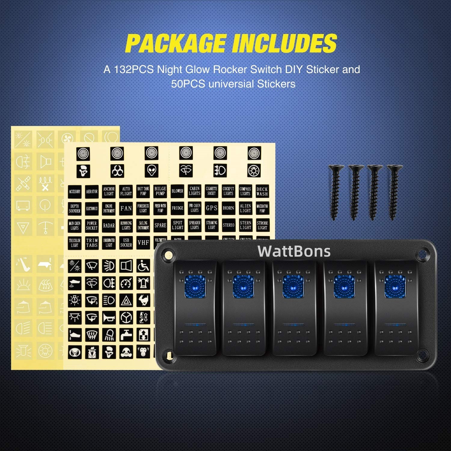 5 Gang Marine Rocker Switch Panel Waterproof 5 Pin on Off Pre-Wired LED Light Rocker Switch 12V 24V for Car Boat RV ATV UTV