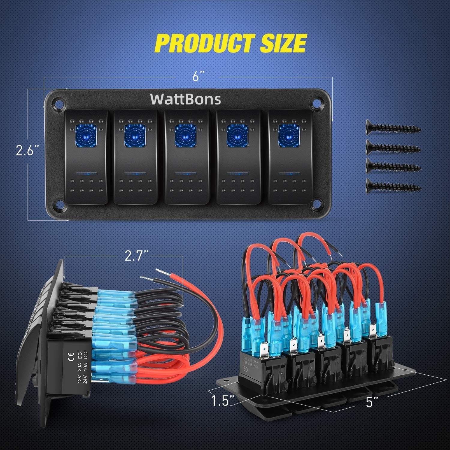 5 Gang Marine Rocker Switch Panel Waterproof 5 Pin on Off Pre-Wired LED Light Rocker Switch 12V 24V for Car Boat RV ATV UTV