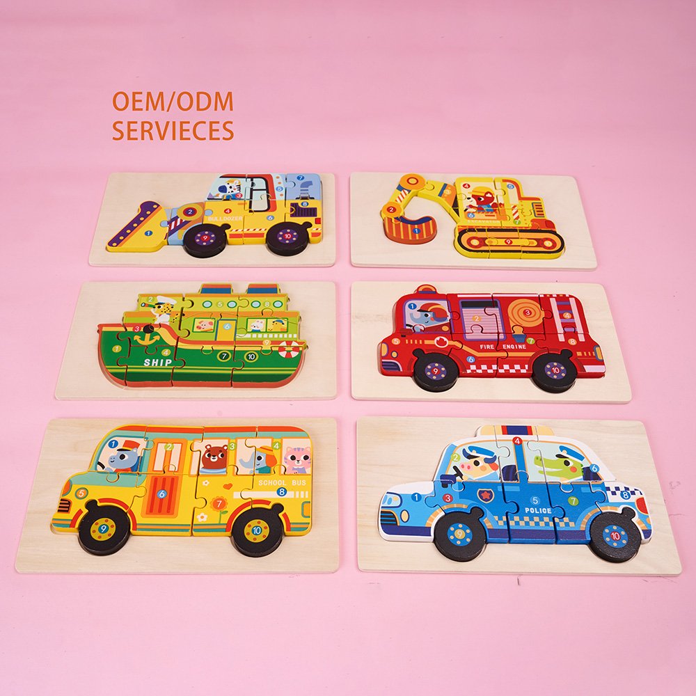 Children's Wooden School Bus 3D Puzzle Traffic Car Puzzle Toys Early Education Wooden Jigsaws 3-6 Years Old Baby DIY Blocks