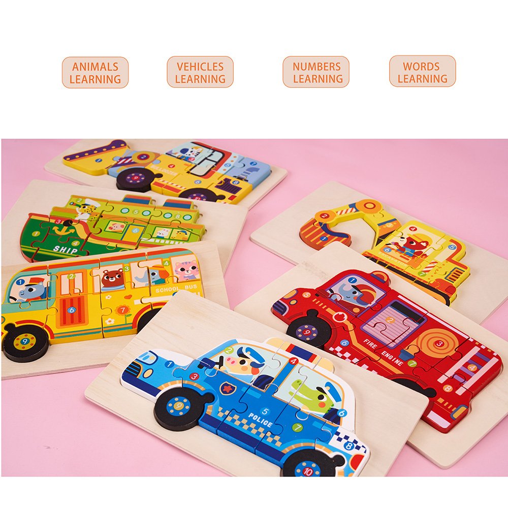 Children's Wooden School Bus 3D Puzzle Traffic Car Puzzle Toys Early Education Wooden Jigsaws 3-6 Years Old Baby DIY Blocks