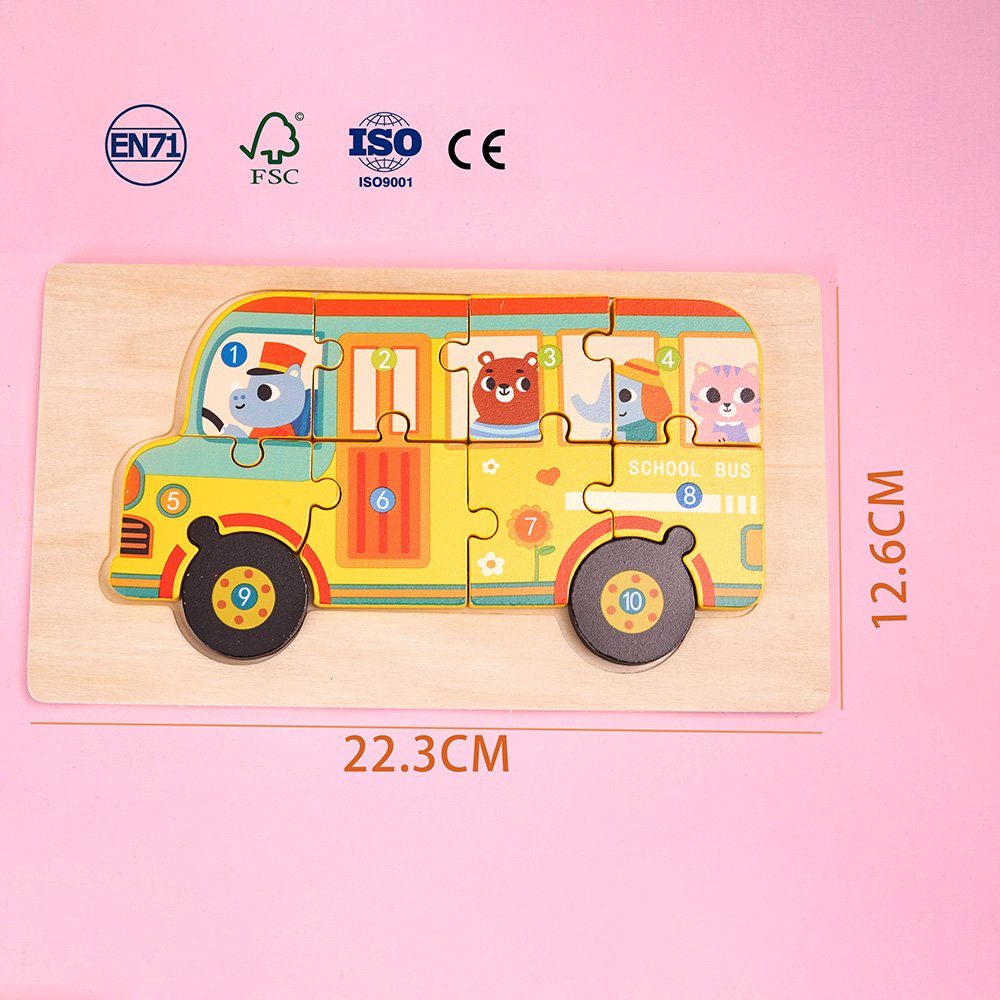 Children's Wooden School Bus 3D Puzzle Traffic Car Puzzle Toys Early Education Wooden Jigsaws 3-6 Years Old Baby DIY Blocks