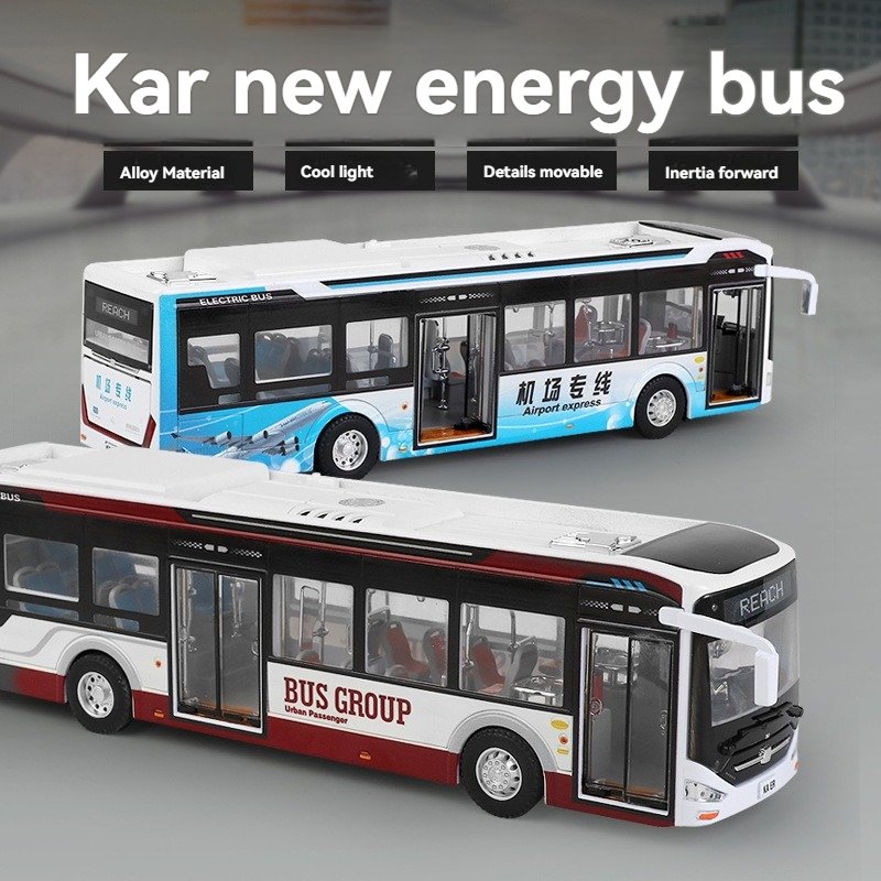 Diecast 1:42 Airport Bus Metal Simulation Car Alloy Vehicle Toy Model Wheels Movable Sound and Light Doors Open Bus Model Toys
