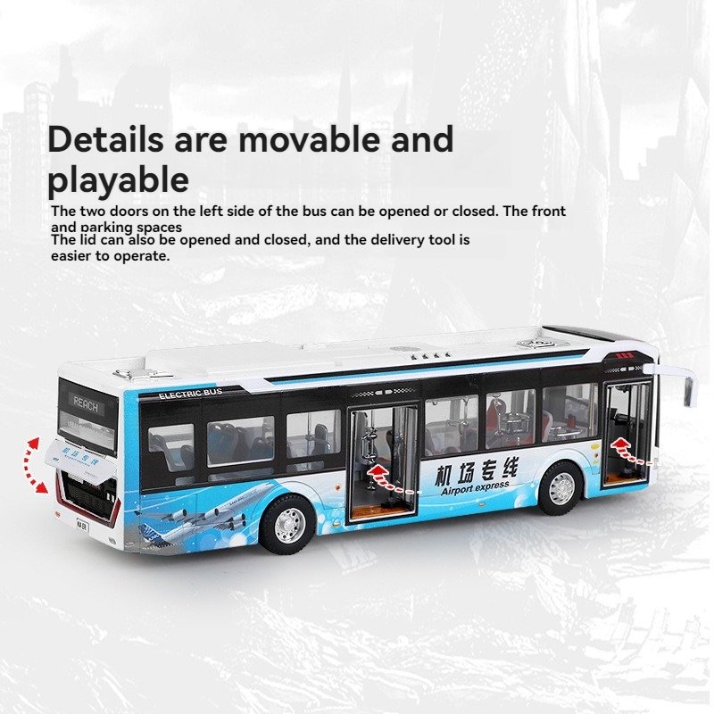 Diecast 1:42 Airport Bus Metal Simulation Car Alloy Vehicle Toy Model Wheels Movable Sound and Light Doors Open Bus Model Toys