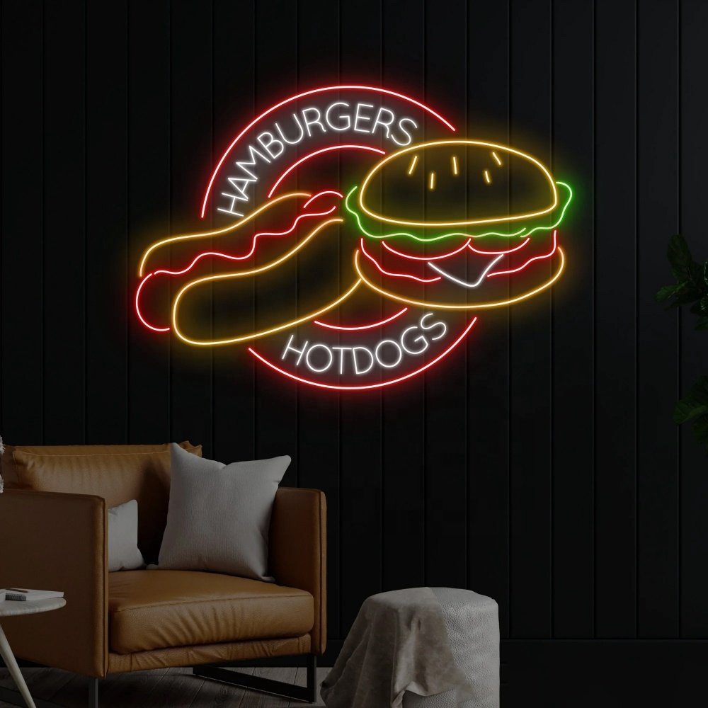 Custom Store Business logo Design Bread Hamburger Led Neon Sign Light Hot Dog Decoration Led Light for Store Advertising