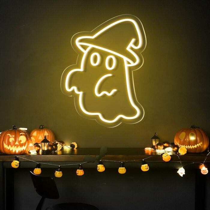 Ghost Neon Signs Halloween Celebration and Spooky Decor with the Cute Ghost Hat for Homes Bars Signs Themed Events Paty Decora