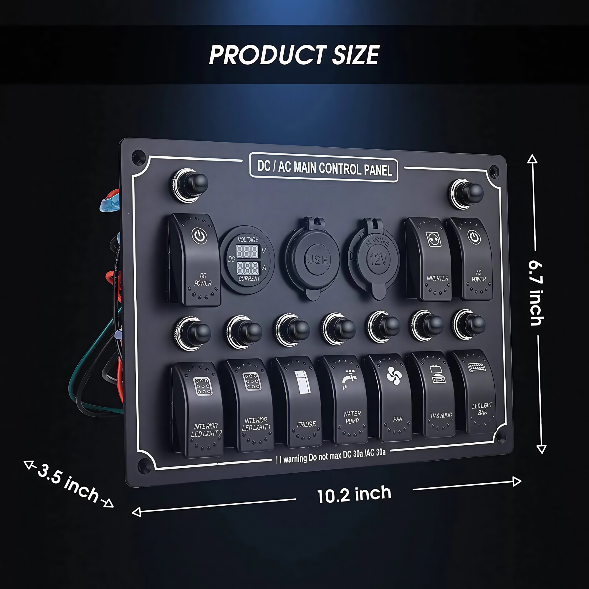 10 Gang Rocker Switch USB Panel with Voltmeter Ammeter, 12V Boat Instrument Board DC/AC Marine Electrical Panel for Truck RV Car
