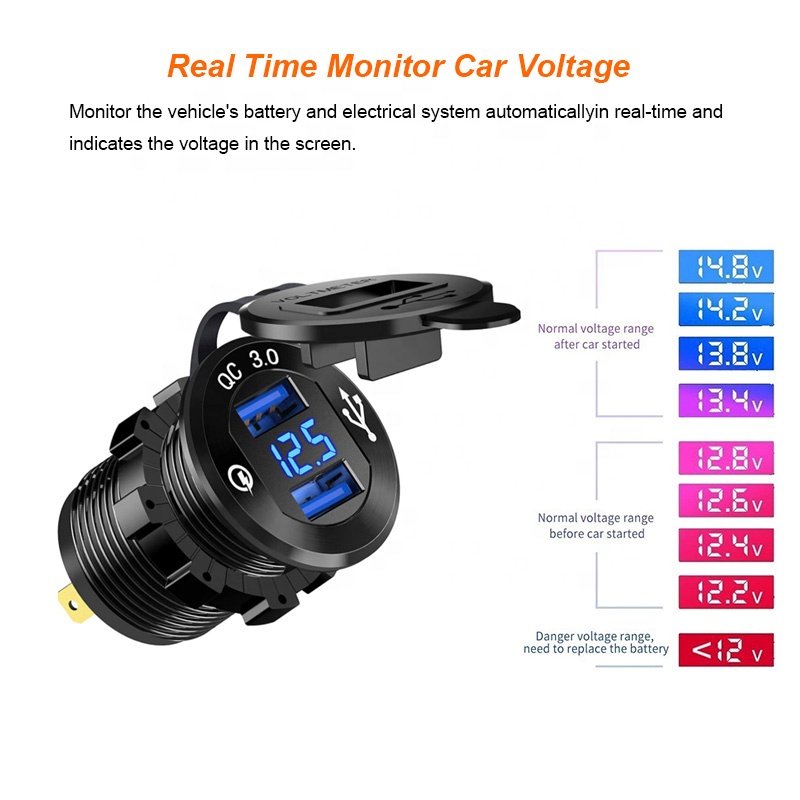 Waterproof Aluminum Quick Charge Power Outlet Dual 3.0 USB Car Power Socket with LED Voltmeter
